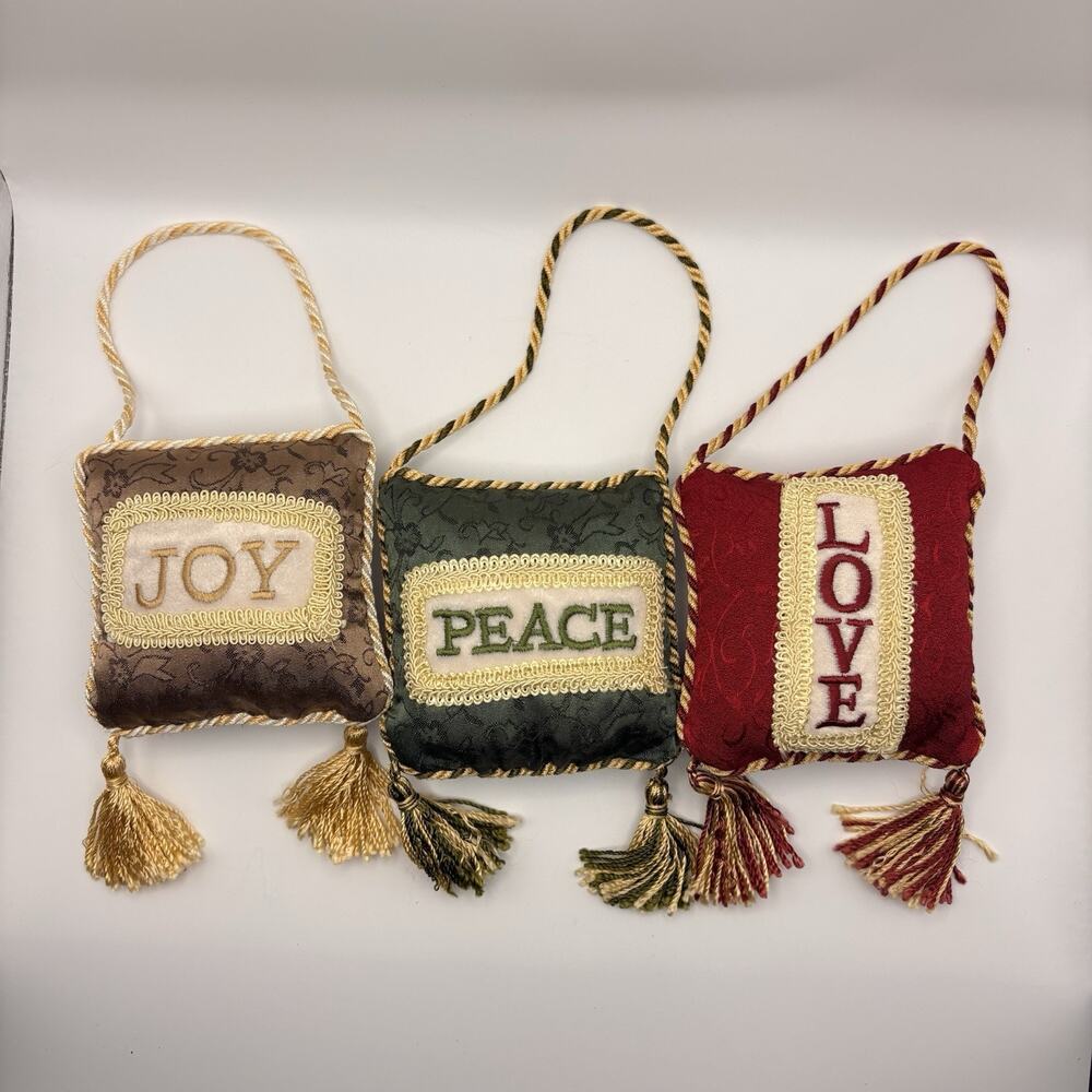 Set Of 3 Mini Vintage Style Hanging Embroidered Christmas Pillows Love Joy Peace